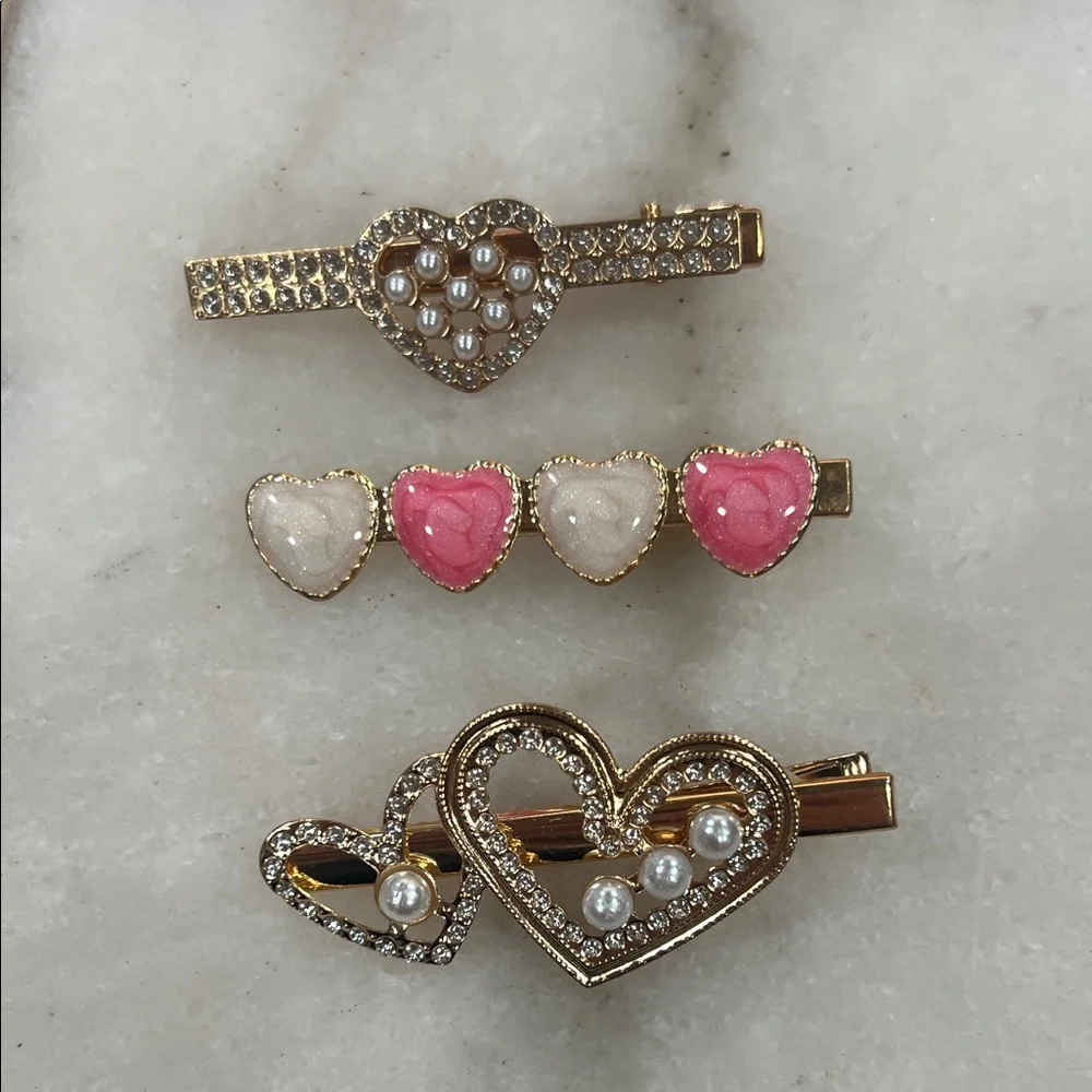 Gold Heart Pearl & Pink Accent Hair Clip Trio